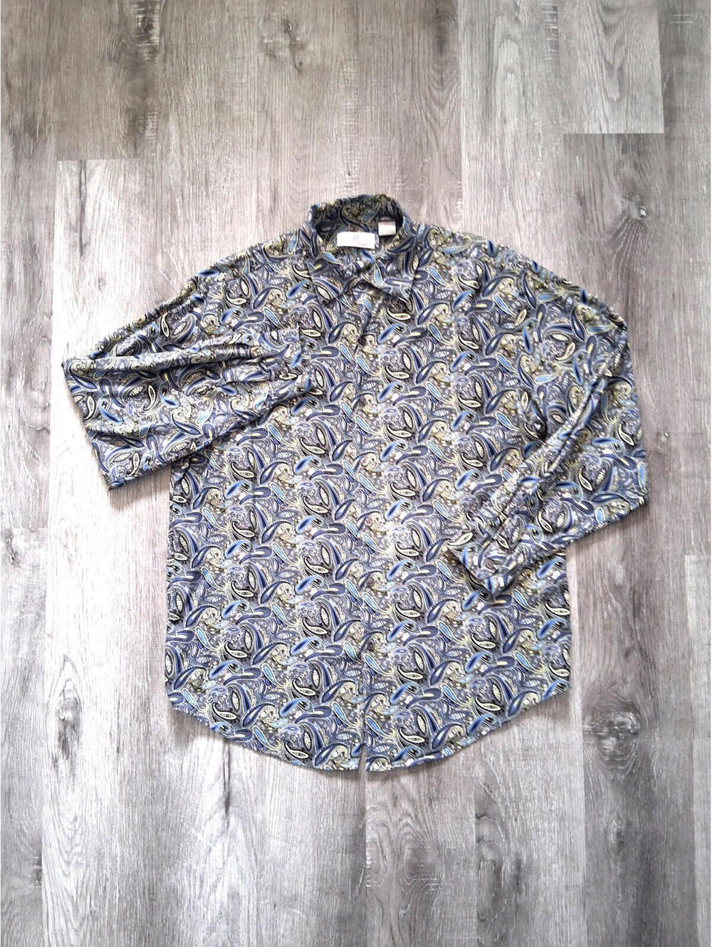 Bobby Chan Mens L Silk Blend Paisley Blue/Green/Grey Long Sleeve Button Up Shirt